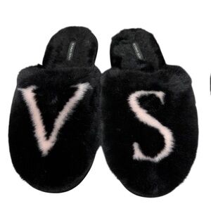 Victoria's Secret Plush Black Slippers with Pink Letters